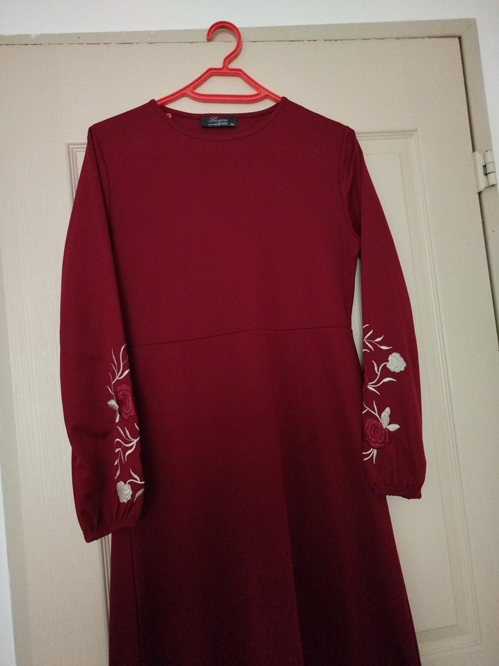Bordo Nakışlı Uzun Salaş Kadın Elbise - Görsel 2