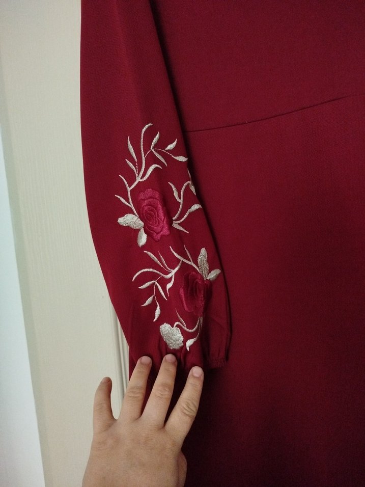 Bordo Nakışlı Uzun Salaş Kadın Elbise - Görsel 3