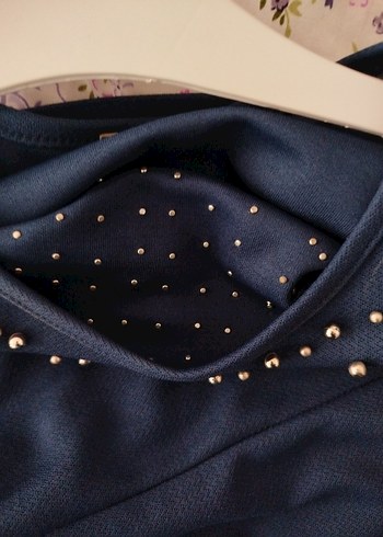 Boncuk Detaylı Lacivert Uzun Kollu  Elbise - Görsel 4