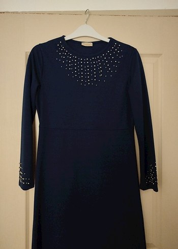 Boncuk Detaylı Lacivert Uzun Kollu  Elbise - Görsel 2