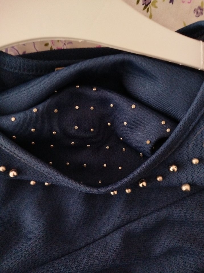 Boncuk Detaylı Lacivert Uzun Kollu  Elbise - Görsel 4