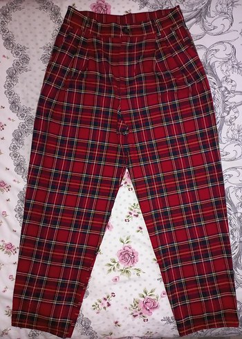 Kırmızı Ekoseli Kadın Kumaş Pantolon - Görsel 3