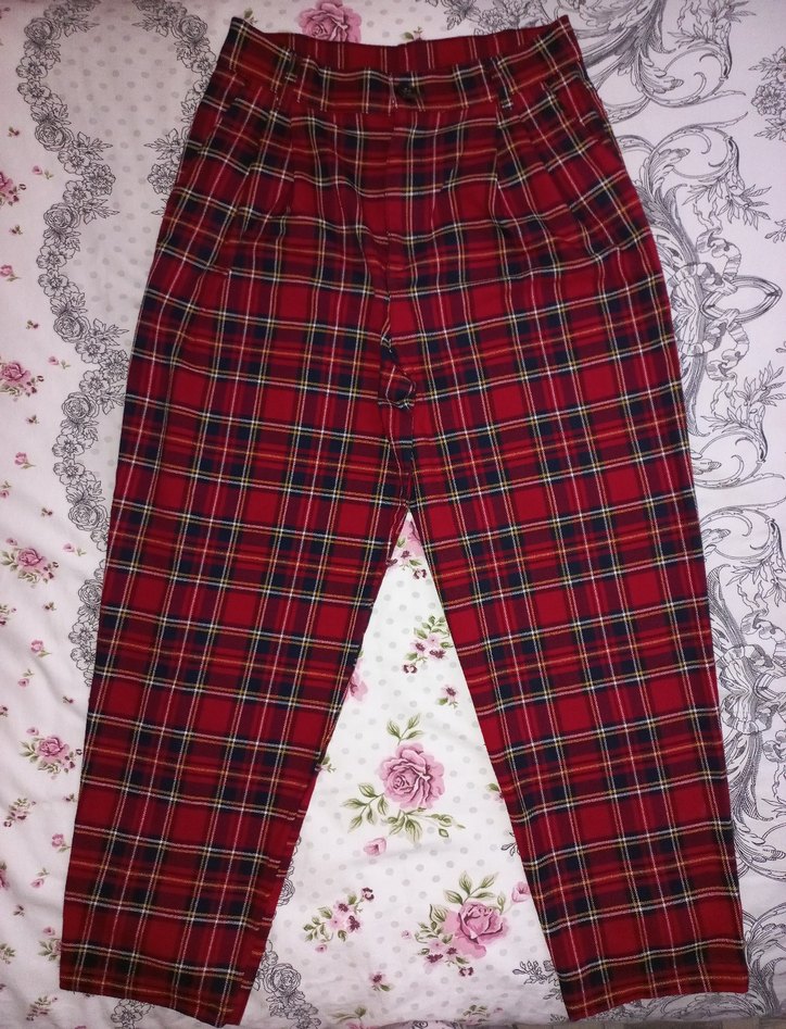 Kırmızı Ekoseli Kadın Kumaş Pantolon - Görsel 3