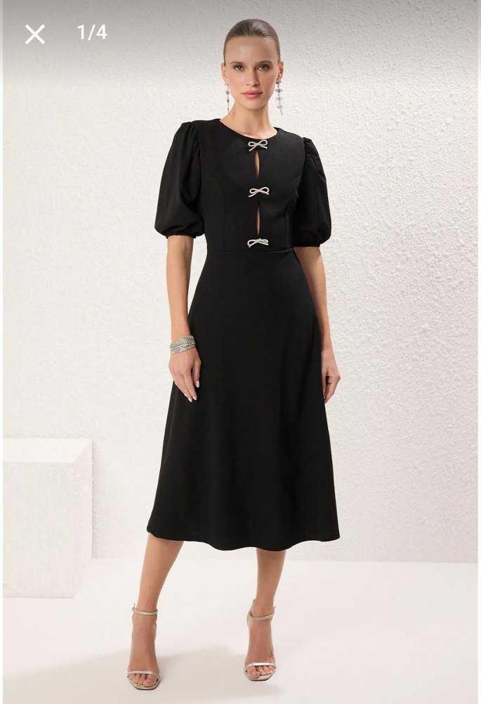 Siyah Midi Kadın Fiyonklu Elbise - Görsel 2