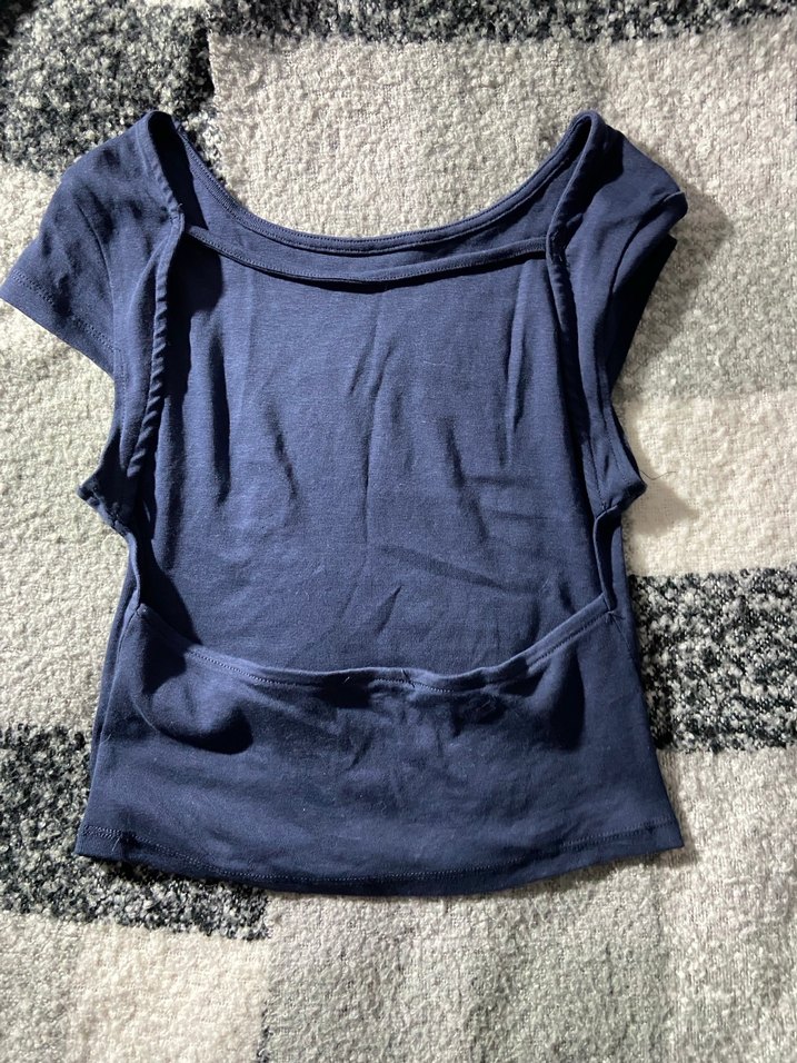 Lacivert Denim Kısa Kollu Bluz - Görsel 2