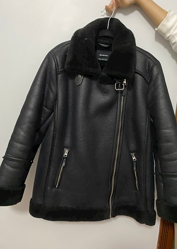 Siyah Kürklü Deri Biker Ceket