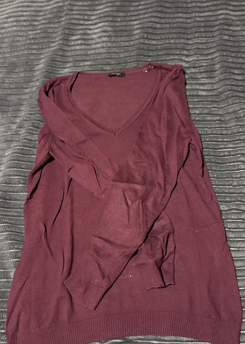 Bordo V Yaka Uzun Kollu Kadın Kazak - Görsel 2