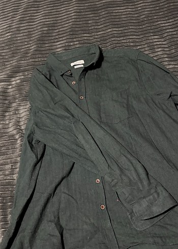 Gri yeşil Erkek Keten Gömlek, Düğmeli, Uzun Kollu - Görsel 2