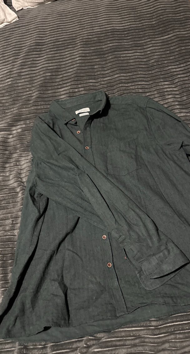 Gri yeşil Erkek Keten Gömlek, Düğmeli, Uzun Kollu - Görsel 2