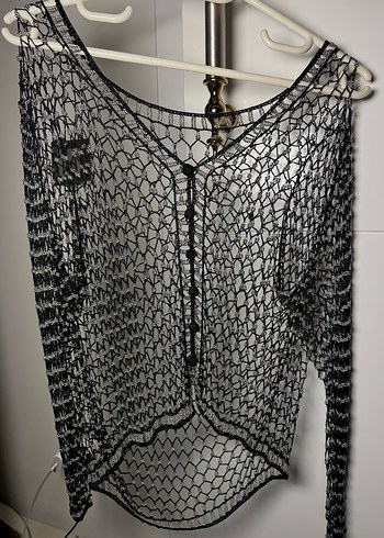 Gri Boncuk Örgü Kadın Hırka - Görsel 2