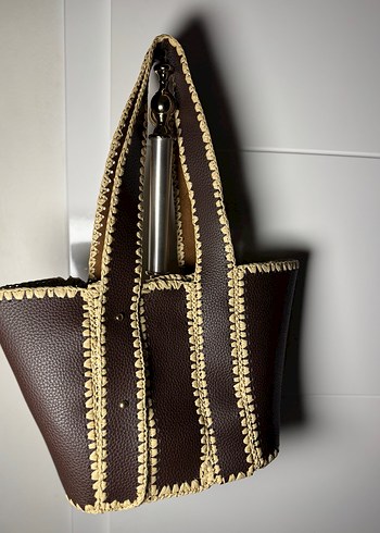 Kahverengi Deri Nakışlı Kadın Çanta - Görsel 2