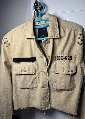 Düğmeli Bej Kot Ceket Mini Kesim - Görsel 3