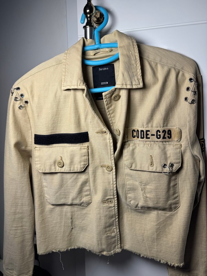 Düğmeli Bej Kot Ceket Mini Kesim - Görsel 3