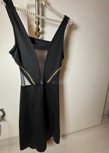 Siyah Mini Strappy V Yaka Kemerli Elbise - Görsel 3