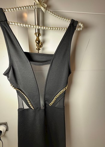 Siyah Mini Strappy V Yaka Kemerli Elbise - Görsel 4