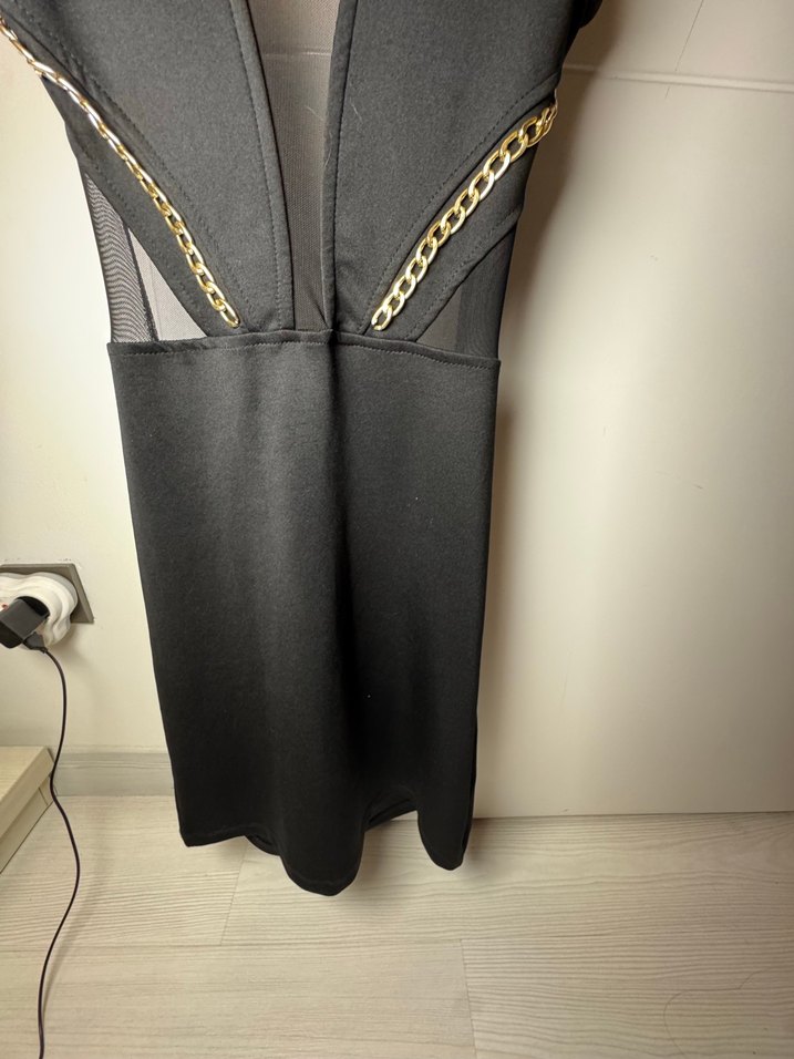 Siyah Mini Strappy V Yaka Kemerli Elbise - Görsel 5