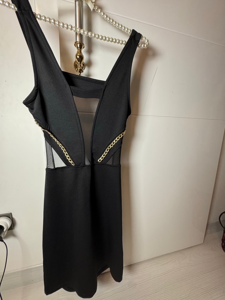 Siyah Mini Strappy V Yaka Kemerli Elbise - Görsel 3