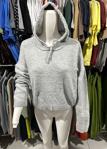 Fabrika Gri Kapüşonlu Örgü Kadın Sweatshirt