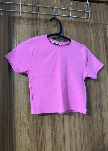 Pembe Kısa Kollu Basic Kadın Crop