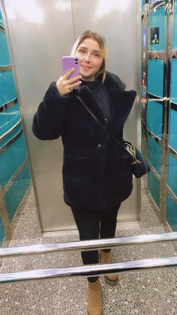 Uzun Kollu siyah Kadın Peluş Kaban - Görsel 5