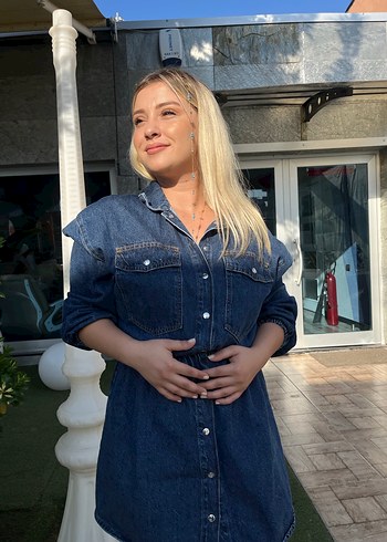 Kadın Mavi Kısa Kot elbise jean - Görsel 2