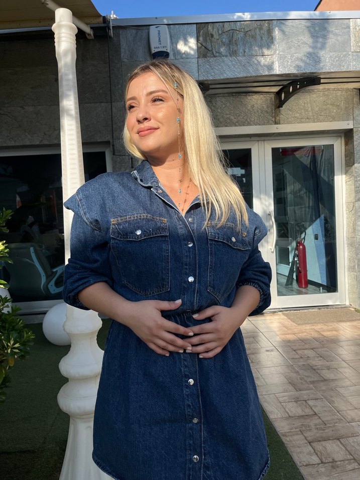 Kadın Mavi Kısa Kot elbise jean - Görsel 2