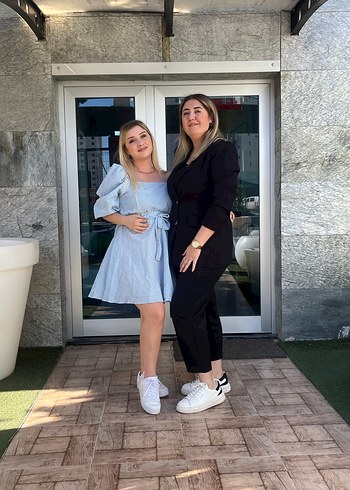 Mavi Bağcıklı Balon Kollu Midi Elbise - Görsel 2