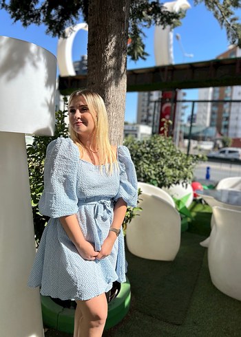 Mavi Bağcıklı Balon Kollu Midi Elbise - Görsel 3