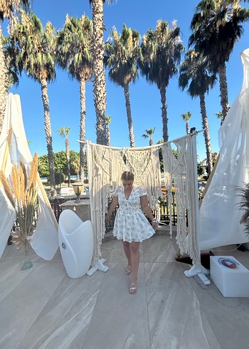 Beyaz Bağlamalı Mini Bohem Elbise - Görsel 2