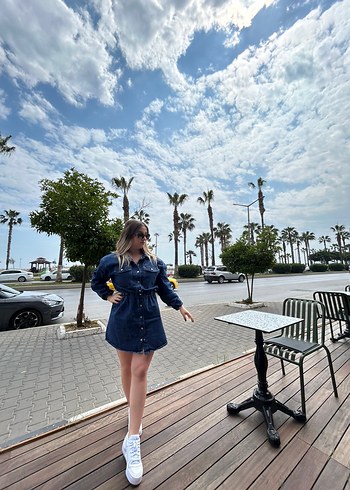 Düğmeli Lacivert Kadın Denim jean elbise - Görsel 2