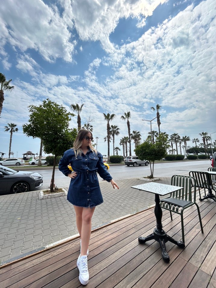 Düğmeli Lacivert Kadın Denim jean elbise - Görsel 2