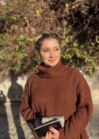 Kahverengi Kemerli Boğazlı Triko Elbise - Görsel 2