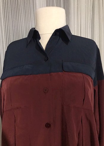 Bordo Lacivert Düğmeli Uzun Kollu Kadın Gömlek - Görsel 5