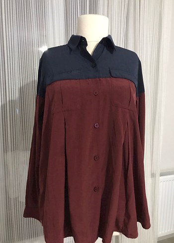 Bordo Lacivert Düğmeli Uzun Kollu Kadın Gömlek - Görsel 6