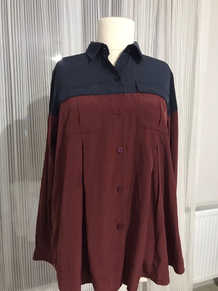 Bordo Lacivert Düğmeli Uzun Kollu Kadın Gömlek - Görsel 4