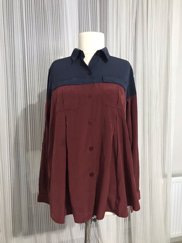 Bordo Lacivert Düğmeli Uzun Kollu Kadın Gömlek - Görsel 2