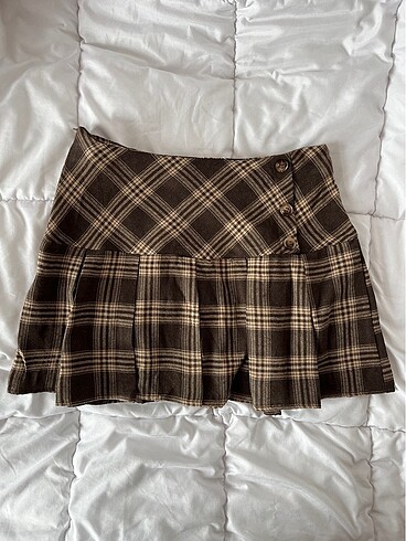 American Vintage Lolita coquette kahverengi ekose pileli mini etek
