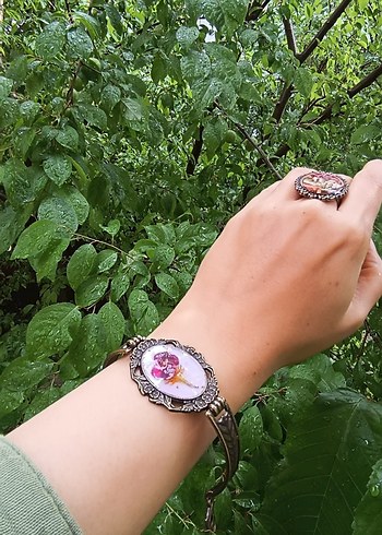 Renkli Çiçekli Bohem Yüzük ve Bileklik Takım