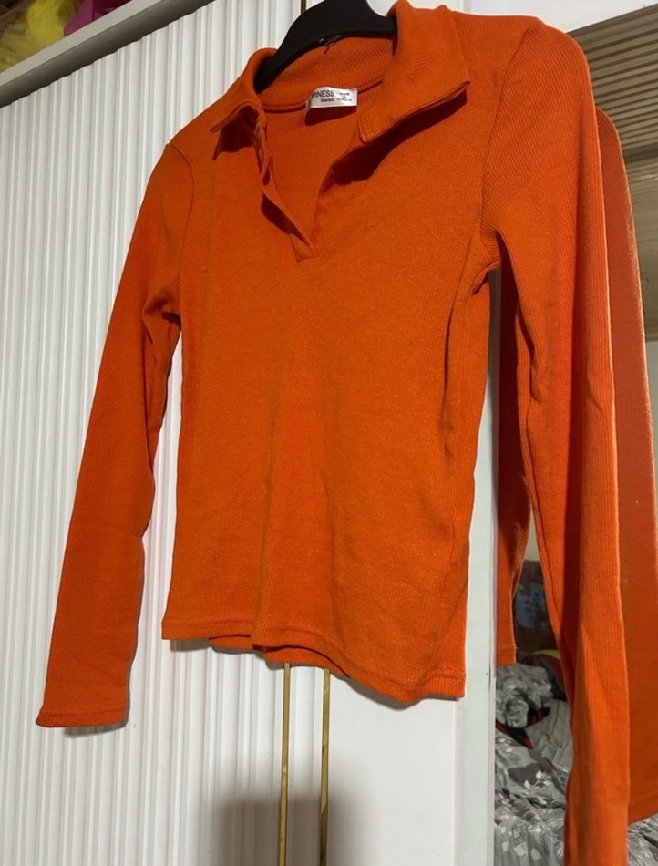 Turuncu Uzun Kollu Polo Yaka Kadın Kazak - Görsel 2