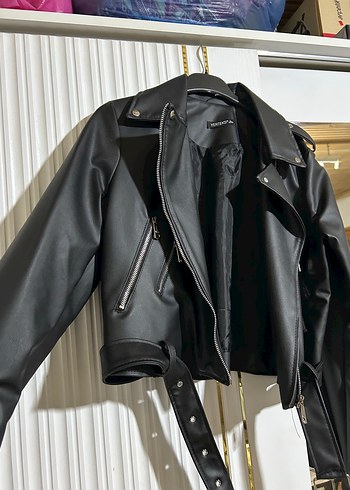 Diğer Siyah Deri Biker Ceket, Kemerli, Dar Kesim