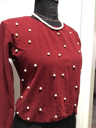 s Beden bordo Renk İncili bluz