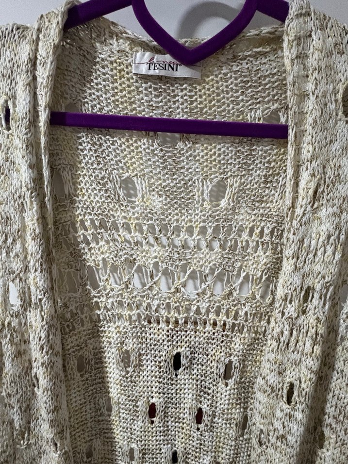 Bej Uzun Örgü Bohem Kadın Yelek - Görsel 3