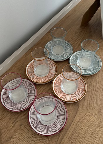 Renkli Kenarlı Altılı Çay Bardağı ve Tabağı Seti - Görsel 2