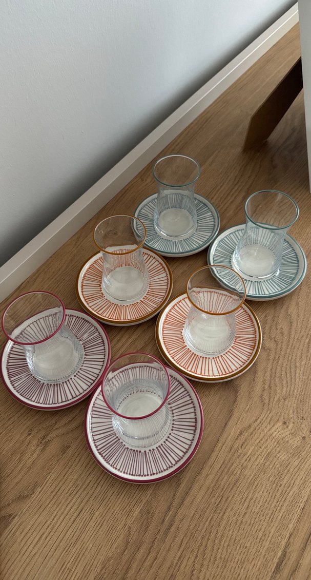 Renkli Kenarlı Altılı Çay Bardağı ve Tabağı Seti - Görsel 2