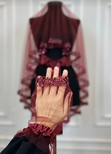 Henna Gelinlik Bordo duvak