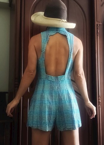 Urban Outfitters Mavi Ekose retro Bohem kısa tulum Medium Urban Outfit