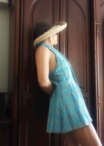 Mavi Ekose retro Bohem kısa tulum Medium Urban Outfit