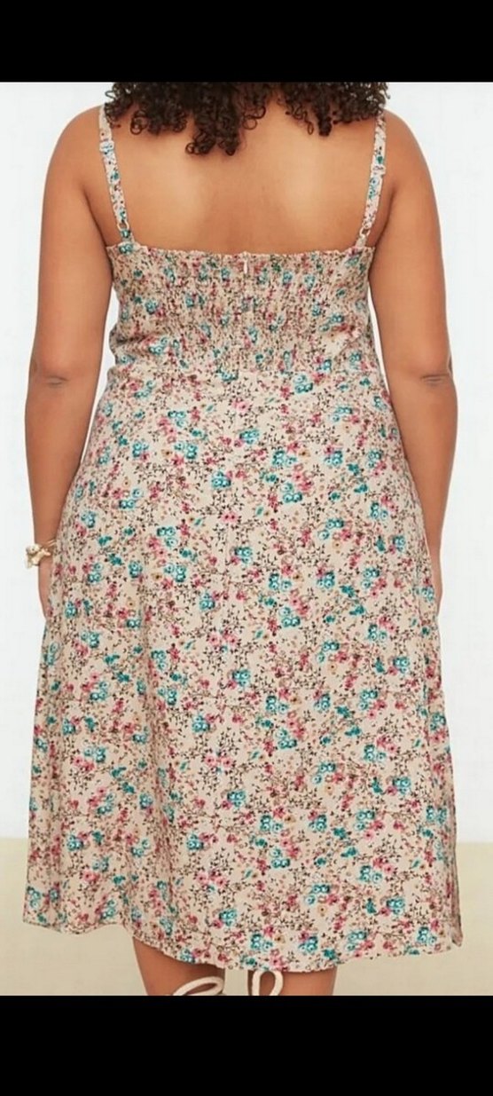 Bej Çiçek Desenli Bohem Midi elbise - Görsel 2