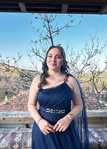 Lacivert Drapeli Uzun Abiye Elbise - Görsel 3