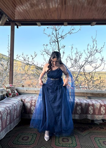 Lacivert Drapeli Uzun Abiye Elbise - Görsel 2